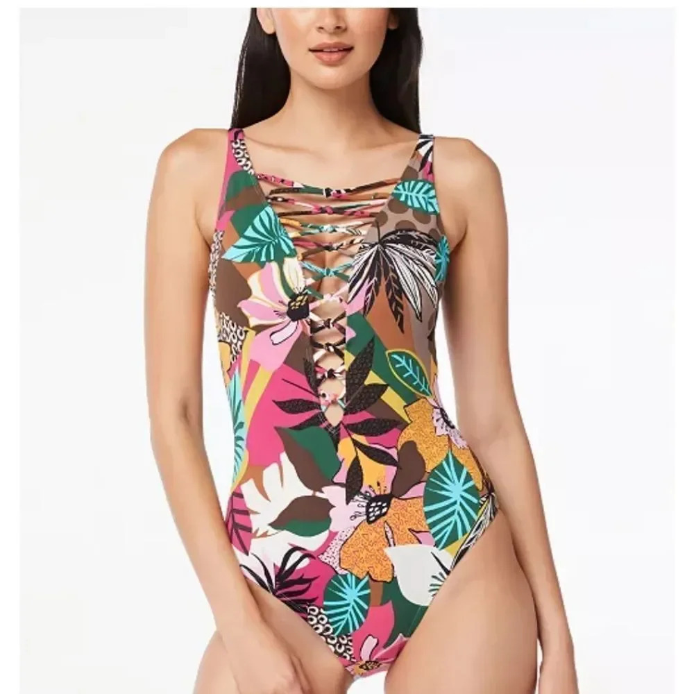 Bleu by Rod Beattie Printed Lace-Up Over-the-Shoulder One-Piece Swimsuit…